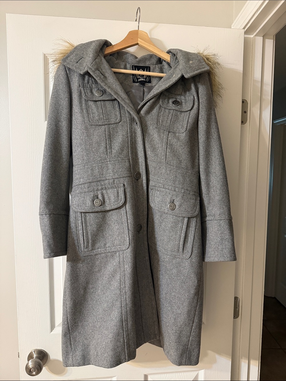 Vintage Esprit Gray Wool-Blend Trench Coat with Faux Fur Hood Trim
